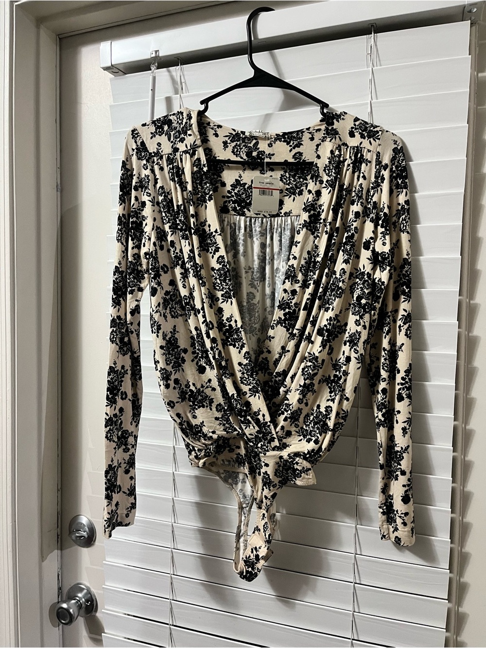 Free People Cream and Black Floral Tie-Front Bodysuit